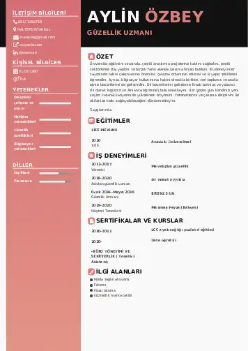 Güzellik Uzmanı Cv Örnekleri  cv indir